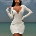 Close-up of a white crochet beach cover-up dress with hollow knit texture on model - S / White