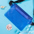 Blue translucent PVC waterproof phone dry bag with adjustable strap on water surface - Dark Blue