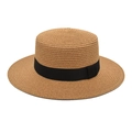 Classic wide brim straw boater hat with a chic black ribbon band for sun protection - M (56-58cm) / Camel