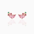 Pink crescent gemstone stud earrings with magenta and green accents in 18K gold finish - Flower Design-Gold