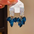 Vintage silver needle earrings with blue heart-shaped stones and shimmering crystal clusters - Style 64# Silver Pin-Silver-Blue-AB Aurora