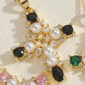 14K gold plated cross pendant necklace with pearls, black stones and zircon inlay - Black