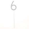 Silver number 6 cake topper featuring sparkling rhinestones on a metal pick - Number 6 / Silver