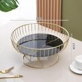 Golden metal wire fruit basket with black marble base, 27cm diameter luxury style - Large/Black Marble Pattern/Glass Base