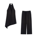 Women black halter neck two-piece set with irregular hem top and wide leg pants - Black Zirconia Set