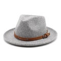Close-up of grey wool fedora hat with brown leather band and metallic buckle detail - M(56-58cm) / Light Heather Grey