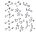 12-pair surgical steel cartilage earring set with clear zircon studs in a grid layout - Silver