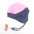 Detail of pink and navy winter trapper hat with ear flaps and adjustable chin strap - Kids Pink Blue Patchwork (I)