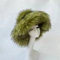 Chic avocado green faux fur winter hat with fluffy plush texture on mannequin - Olive Green