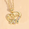 14K gold plated heart necklace with Mom lettering, colorful stones and butterfly detail - XL2135#6/Butterfly Heart Mom