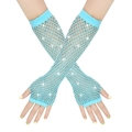 Sky blue fishnet arm sleeves with sparkling rhinestones for party performance - Fingerless Rhinestone / Lake Blue