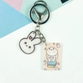 Cute acrylic keychain with white rabbit head and decorative rectangular rabbit card - Pink Rabbit Headwear Style (Double Buckle No. 12)