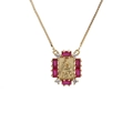 Gold necklace with square pendant featuring relief figure and red rectangular gemstones - Gold with Red Stone