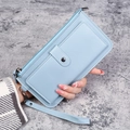 Light blue long multi-functional leather wallet with zipper and wrist strap for women - Blue