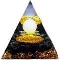 Orgone pyramid with white sphere, Flower of Life, black stones, and golden foil base - 6cm / A12-White Ball Flower of Life