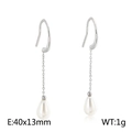 Silver drop earrings with white waterdrop pearls and delicate metal tassels - Water Drop Pearl Earrings (KE97013-KFC) / Silver