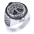 Detailed relief of the Tree of Life on a vintage silver stainless steel men's ring - Size 7 / Grid Pattern Tree of Life Style (12508)