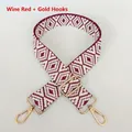 Detail of wine red geometric canvas strap with premium gold metal hook and buckle - Wine Red + Gold Hook