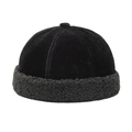 Dettaglio del cappello docker con corona in velluto nero e bordo in finta lana grigia - M(56-58cm) / Nero
