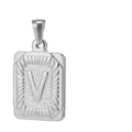 Pendentif rectangulaire en argent poli avec lettre V gravée et bordure texturée - Lettre V
