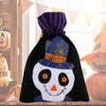 Black velvet Halloween drawstring gift bag featuring a skull with a blue spider web hat - Skull Pattern