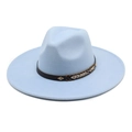 Detail of light blue wide brim wool fedora with brown buckled decorative band - M(56-58cm) / Sky Blue