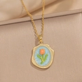 Collana vintage dorata con ciondolo a tulipano in smalto blu e bordo di perline oro - Tulipano Ovale - Blu (A12)