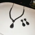 Elegant black teardrop crystal pendant necklace and earrings set with gothic design - Gun Black Rhinestone Teardrop Style