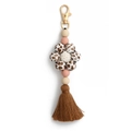 Porte-clés en perles de silicone avec perle fleur rose et pompon en coton marron sur blanc - Imprimé Vache Café