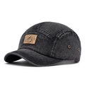 Gorra de béisbol de mezclilla negra lavada con visera corta y parche de cuero retro - Negro