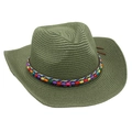 Detail of army green woven cowboy straw hat with vibrant colorful beads and leather cord - Bean Green