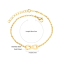 Detailed close-up of a gold-plated stainless steel infinity symbol bracelet with size specs - Gold Single Infinity