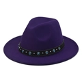 Close-up of purple wool fedora with turquoise beads and silver stud hatband details - Purple