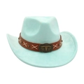 Hellblauer Western Cowboyhut mit braunem Lederband und Stierkopf Metallschnalle - Einheitsgröße / Smaragdgrün