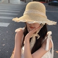 Beigefarbener Strohhut mit Spitzenkante und verstellbaren Bändern für den Sommerurlaub - Beige Spitzenschleife (D-327)