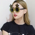 Sparkly gold Happy New Year party glasses with black star accents and tinted lenses - Gold Glitter Star Round New Year Glasses