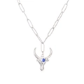Silberne Stierkopf-Anhänger-Halskette mit blauem Zirkon und polierter O-Gliederkette - Weißgold