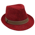 Close-up of deep red Fedora hat texture and multicolor striped ribbon band detail - Red
