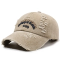 Casquette de baseball kaki clair vintage avec broderie QUIVER bleue et finitions usées - Réglable / Kaki