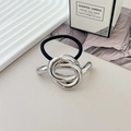 Silver knot metal elastic hair tie with large fluid geometric design on black band - Style G Silver