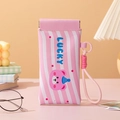Pink striped mini makeup pouch featuring a lucky bear print and wristlet strap - Pink Stripe Bear