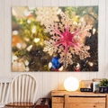 Detail showing high-quality Christmas snowflake tapestry hanging on a white wooden wall - Pink Snowflake