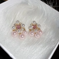 Details von Vintage-Goldohrringen mit rosa Edelsteinen und Süßwasserperlen - Rosa Edelstein Perle Vintage Bolzen Stil (41#)