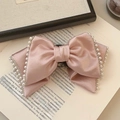 Elegant large pink satin hair claw clip with white pearl edges and ribbon design - Pink Pearl Bow Hair Claw
