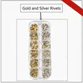12-grid set of gold and silver metallic nail studs in heart, star, and geometric shapes - Gold and Silver Metal Studs