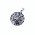 Detailed macro view of silver Viking Valknut pendant with carved Runic alphabet symbols - Type E Round Rune Pendant (No Chain)