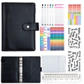 Black leather binder budget planner set with zipper pockets and colorful stickers - Luxury Set-Black