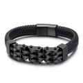 Men's black braided leather bracelet with black magnetic stainless steel clasp - 21cm Black