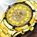 Luxurious gold automatic skeleton watch for men with calendar and tachymeter details - Full Gold Stainless Steel Gold Dial