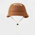 Detail of baby sun hat with white Boston embroidery and adjustable off-white chin strap - 50cm (1-3 Years) / Coffee